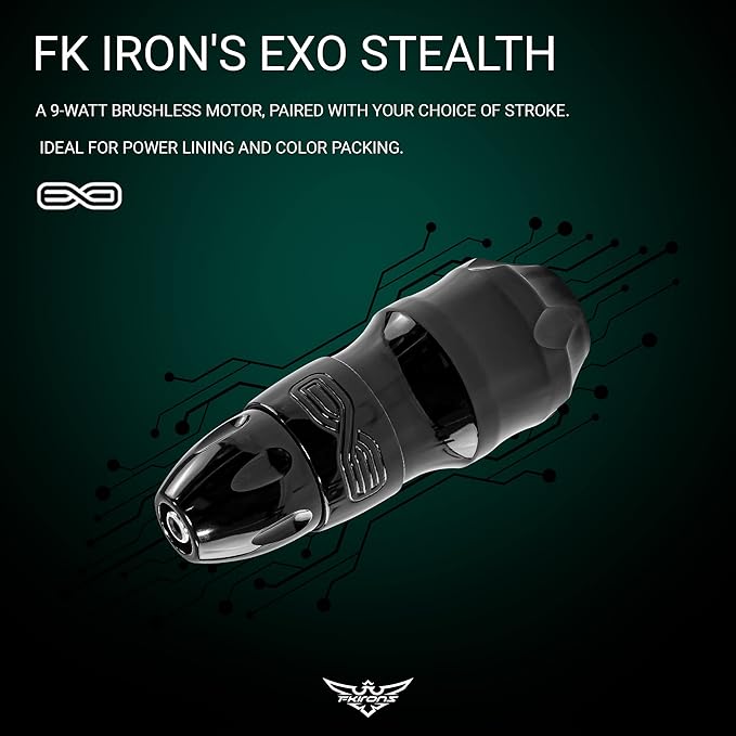 FK Irons - EXO Shadow Camo + 2 PowerBolts 4.0mm Stroke - Rotary Tattoo Machine Pen with RCA Wired & Wireless Connection, Includes 2 PowerBolts Tattoo Battery Power Supply